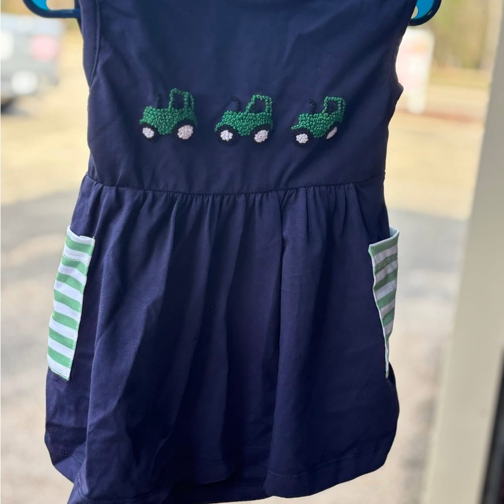 Navy Dress with Green Tractor Embroidery